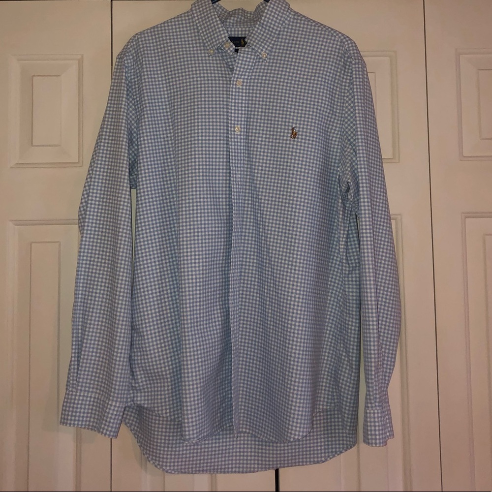 RALPH LAUREN—MEN’S “CLASSIC FIT”, BUTTON UP. LIGHT BLUE & WHITE CHECK PRINT. EUC